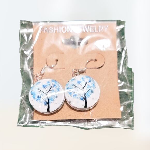 Boutique new blue double sided dome Tree of Life heart earrings - Picture 2 of 6